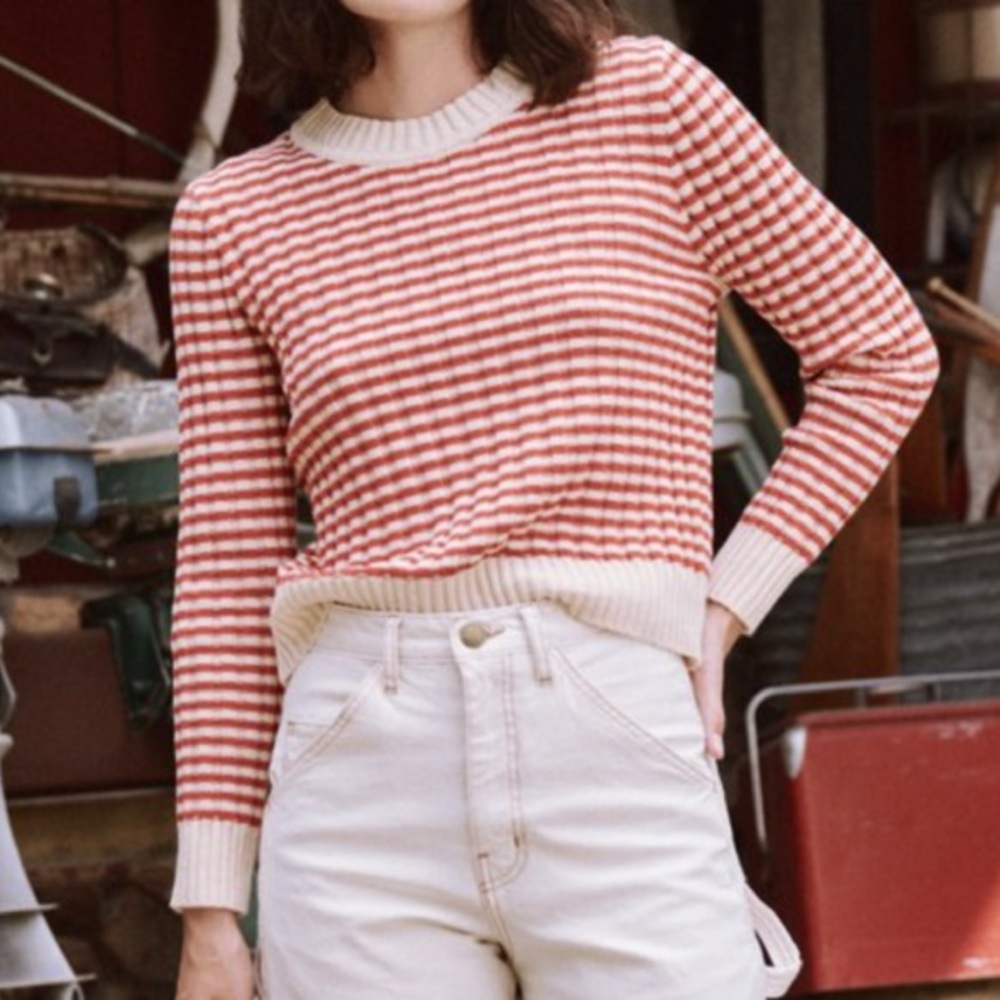 The GREAT The Mini Striped Shrunken Pullover Sweater in Scarlet Stripe